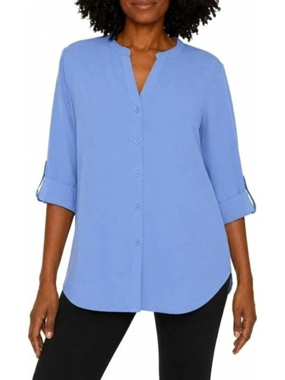 NWT Mario Serrani Women's L Blue Button Front Blouse Tab Sleeve